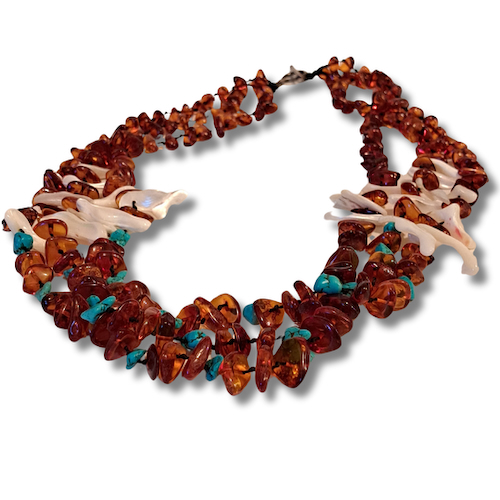 Click to view detail for HW-4011 Necklace, Beads, TQ, Shell, Amber, 3 Strands $303